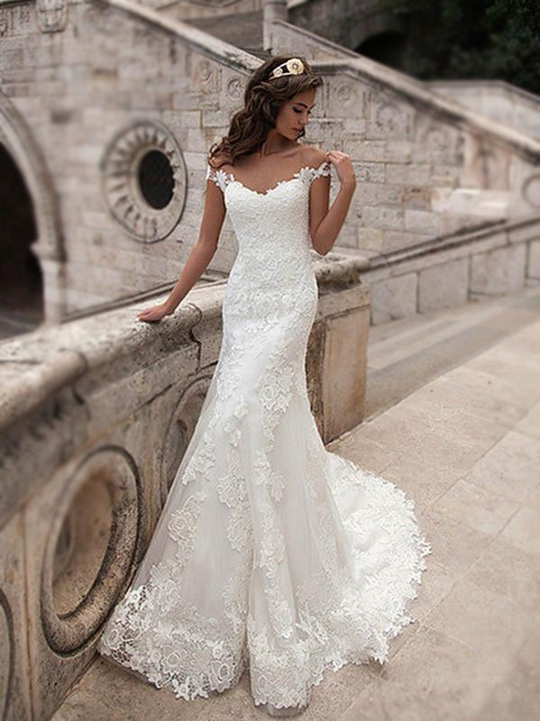 Charming Off Shoulder Sexy Mermaid White Lace Bridal Gown, Wedding Dresses, WD0058