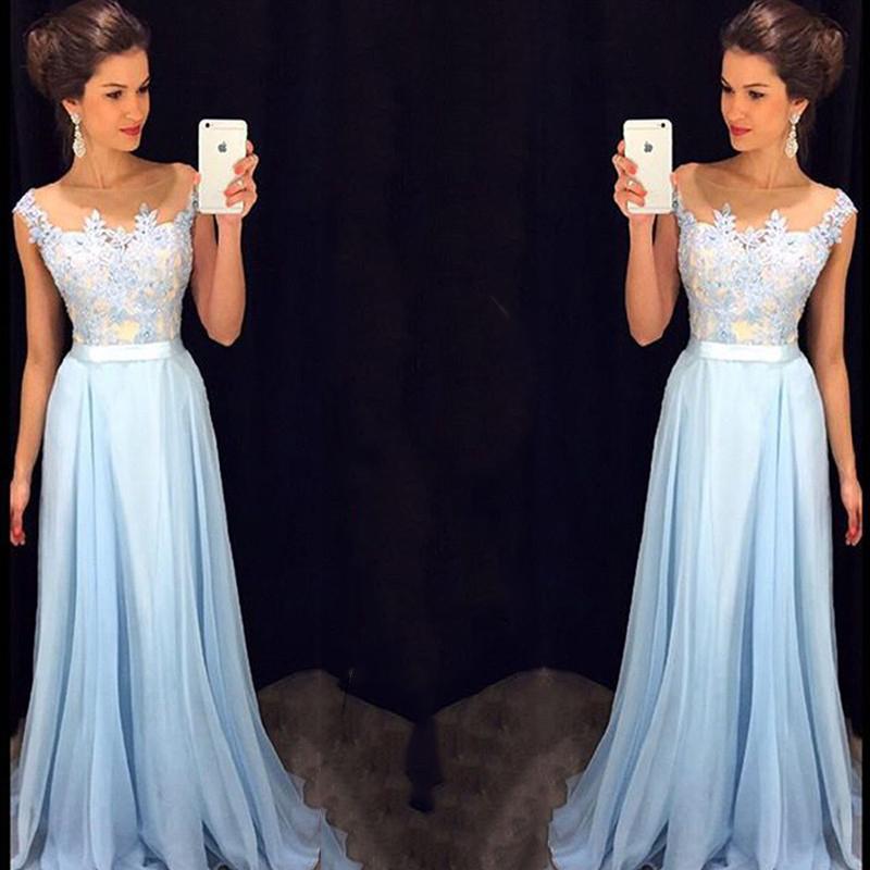 Charming Lace chiffon Blue  Cheap Long V Neck Formal  Pretty Elegant Prom Dresses,PD0613 - SposaBridal