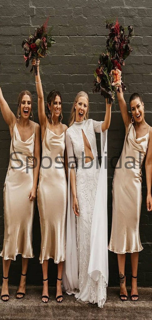 Sparkly Champgane Gold Cheap Popular Simple Short Midi Bridesmaid Dresses, WG762