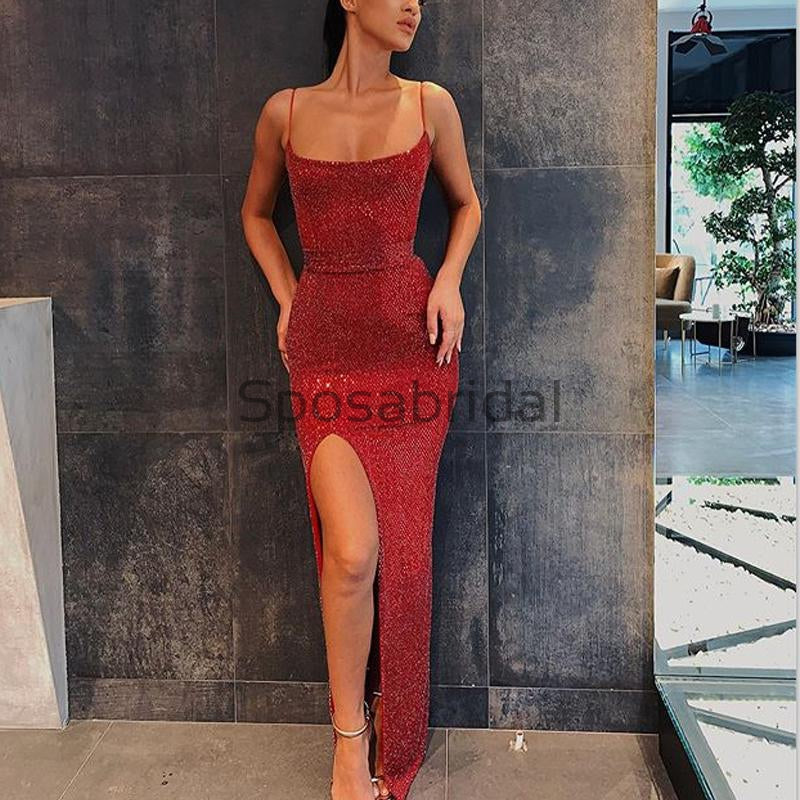 Cheap Spaghetti Straps Mermaid Red Sequin Long Prom Dresses PD2209