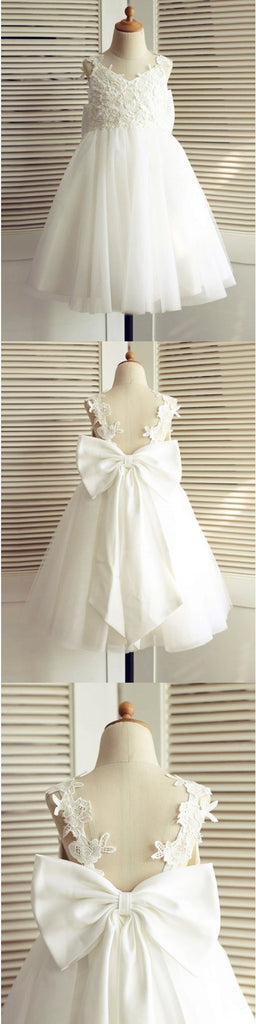 Cheap A-Line V-Neck Backless White Flower Girl Dress with Appliques Bowknot , FG110 - SposaBridal