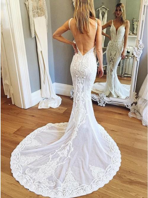 Cheap Beach Simple Mermaid V-Neck Backless Train Court Train Wedding Dress with Appliques, WD0087 - SposaBridal