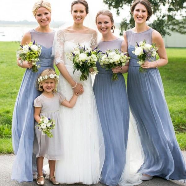 Cheap Simple A-Line Round Neck Floor-Length Grey Blue Chiffon Bridesmaid Dresses, WG241 - SposaBridal