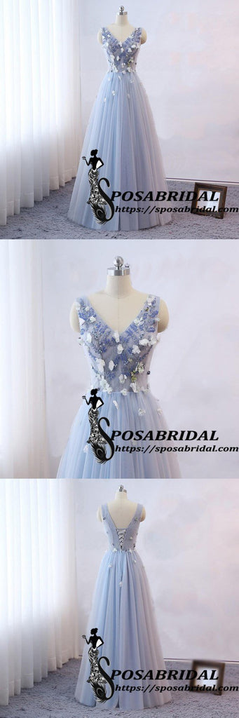 Long Blue Tulle Custom Bridesmaid Dresses, V-Neck Sleeveless Prom Dresses ,WG323