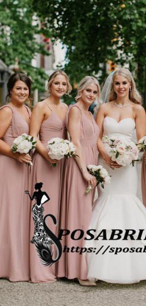 Dusty Pink  Long Sleeveless Mismatched Cheap Chiffon Bridesmaid Dresses, WG305