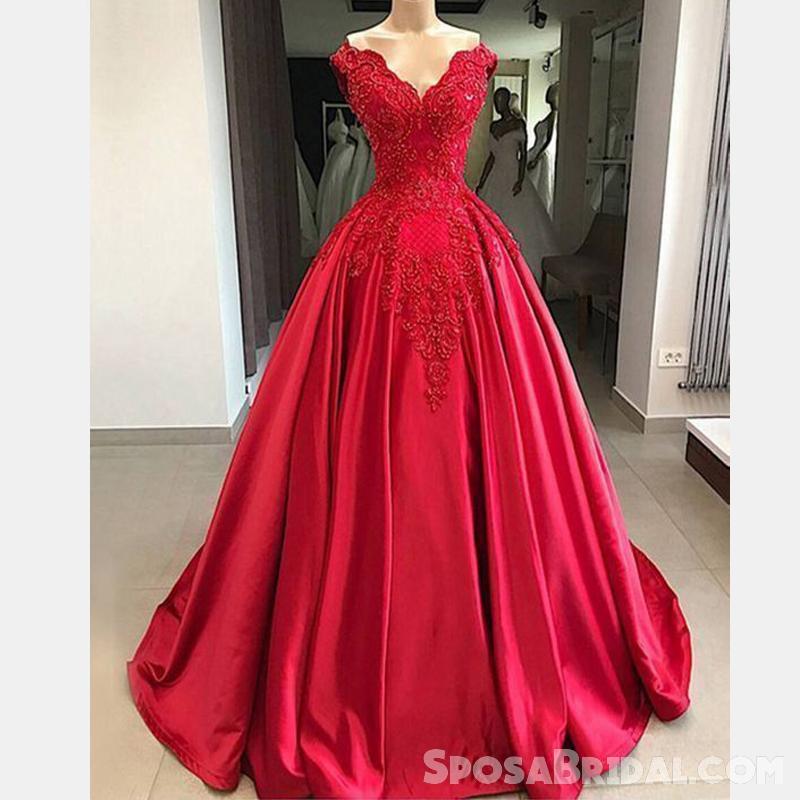 Gorgeous Red lace Satin Ball Gown，Modest High Quality Long Prom Dresses with beading,PD1290