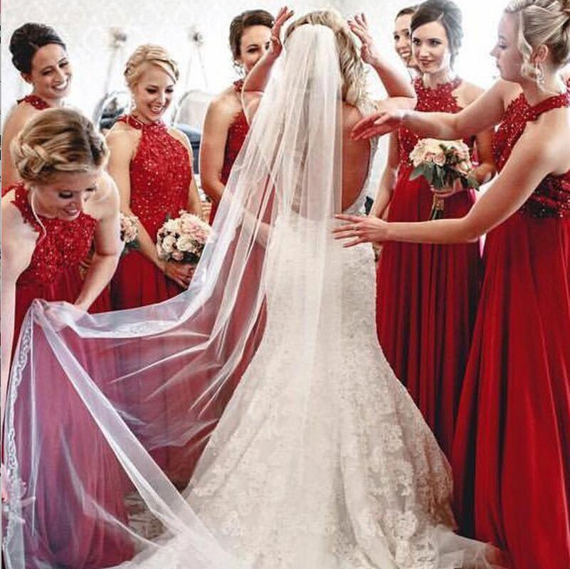 High Neck A-Line Cheap Modest Popular Formal Long Red Bridesmaid Dresses, WG284