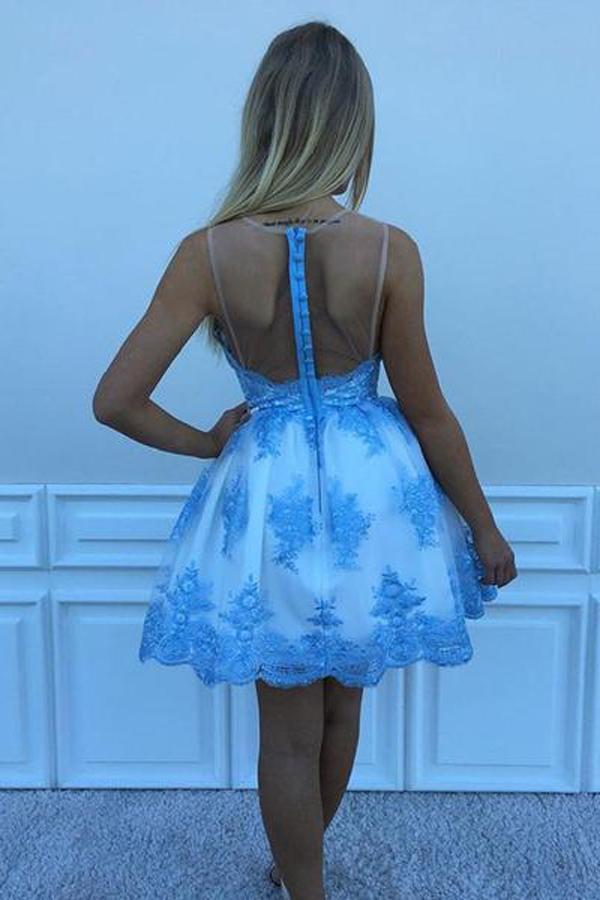 Blue Lace Scoop Neck See Through Cheap Homecoming Dresses 2018, CM414 - SposaBridal