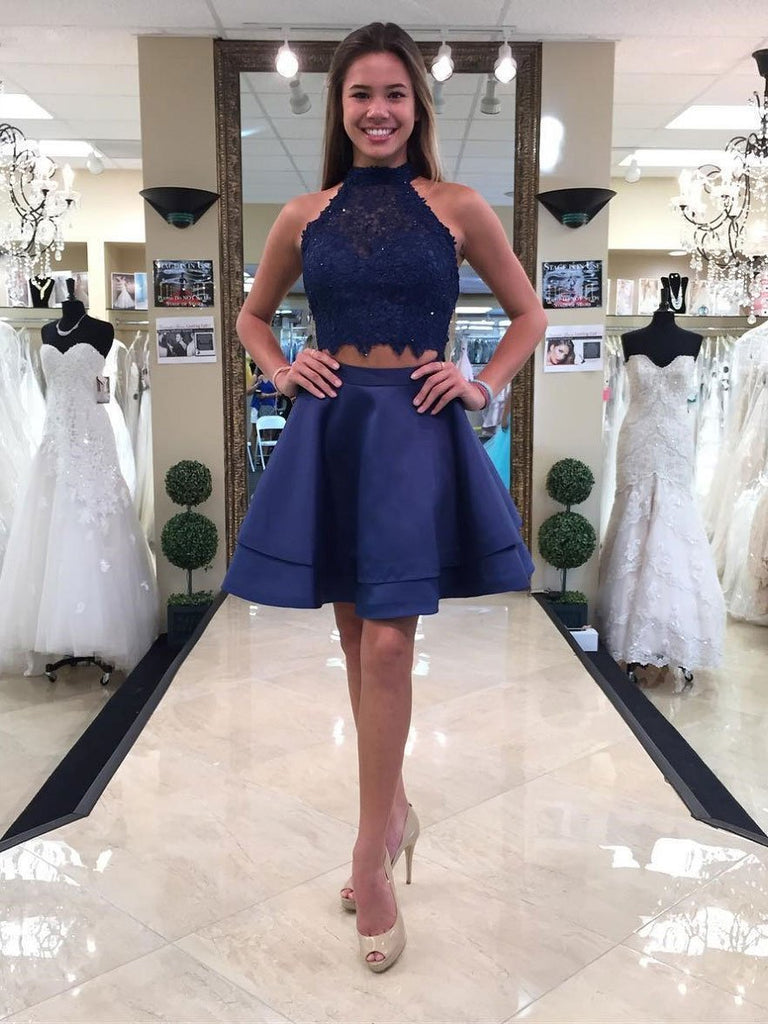 Two Pieces Blue Lace Halter Cheap Homecoming Dresses 2018, CM410