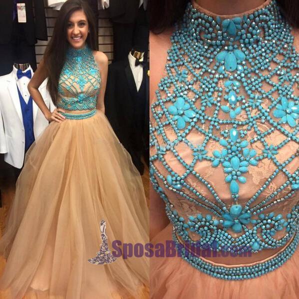 Tulle Two Piece High Neck Popular Custom Prom Dress, Party Dress, PD0320