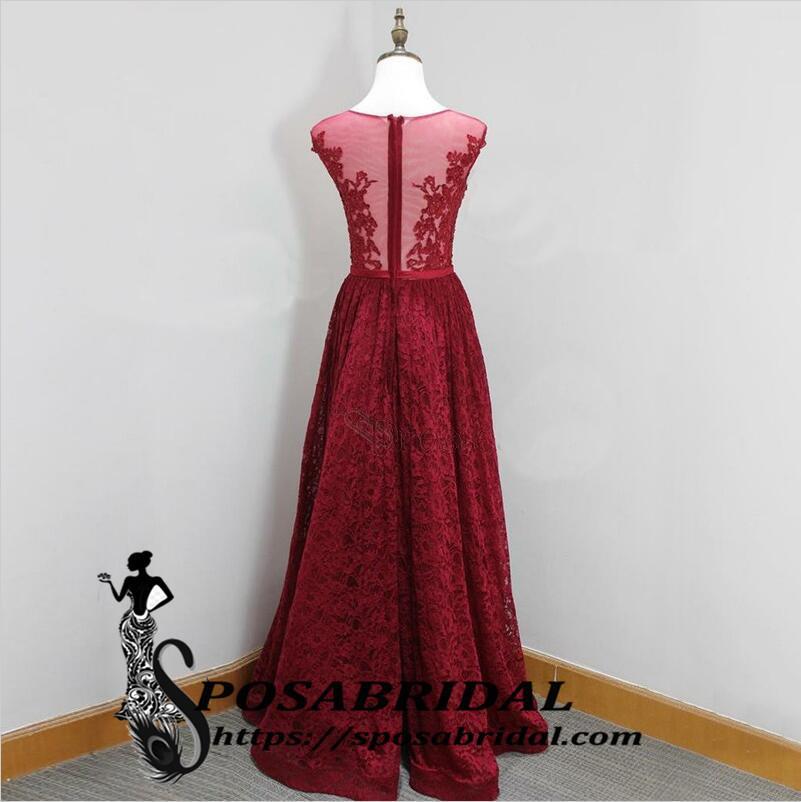 Log Red Lace Scoop Elegant Popular A-Line Floor-Length Bridesmaid Dresses, Prom dresses,WG338