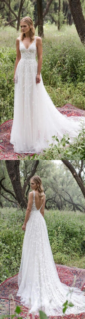 Long Lace V-Neck Vintage Country Beach Simple Soft Wedding Dresses  WD0302