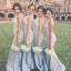 Elegant Sexy Formal Mermaid Deep V-Neck Light Blue Elegant Long Bridesmaid Dress, WG48