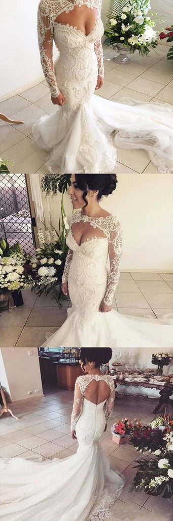 Elegant Popular Newest Mermaid Open Back Long Sleeves Tulle Wedding Dress with Lace and Pearls, WD0203