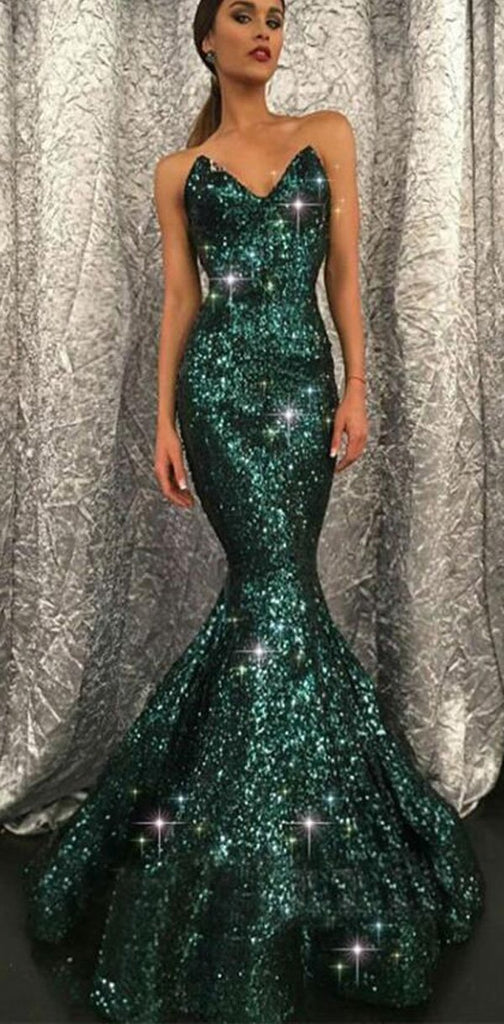Mermaid Sweetheart Sweep Train Green Sequined Sparkly Stunning Long Prom Dresses, PD1239