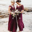 Mismatched A-Line Long Burgundy Cheap Chiffon Modest Bridesmaid Dress with Lace for Wedding guest,WG353