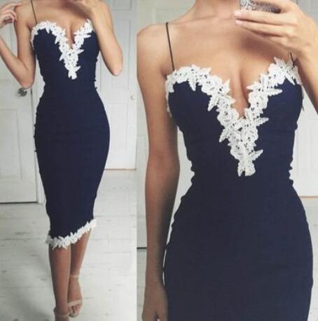 Navy Blue Spaghetti Straps Tight Memaid Normal Cheap Homecoming Dresses with lace, short prom dress,BD0227