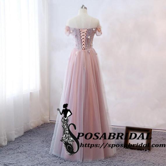 Pink Short Lace Sleeve Long A-Line Modest Popular Prom Dresses, Cheap Bridesmaid Dresses with Flowers ,WG325