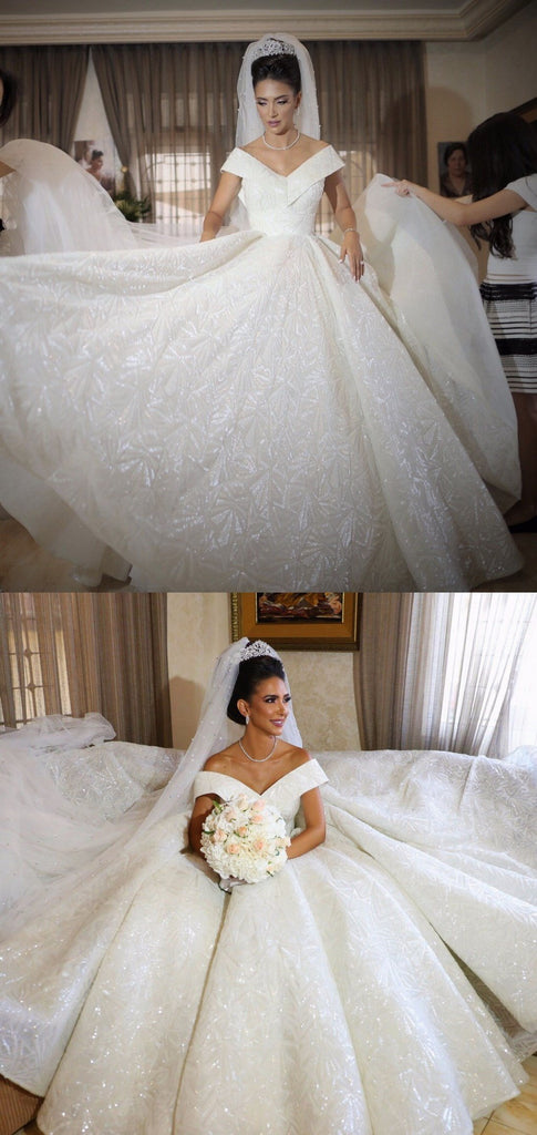 Off Shoulder Long Sparkly Unique Design Elegant Wedding Dresses WD0304