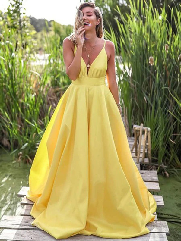 Light Pastel Yellow Sexy Spaghetti Straps V-neck Long Empire Prom Dresses, PD0951