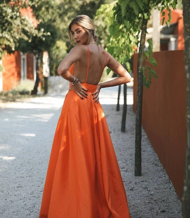 Orange Charming Cheap Modest Spaghetti Strap Pretty Long Prom Dresses, PD1266