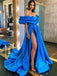 Sexy Royal Blue Off-shoulder A-line Side-slit Long Evening Prom Dresses, PD2338