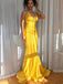 Sexy Gold Yellow Spaghetti Strap V-neck Mermaid Long Prom Dress, PD3160