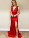 Sexy V-neck Red Sleeveless Mermaid Open-back Side-slit Long Prom Dress, PD3191