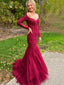 Sexy Burgundy Long Sleeves Off-shoulder Lace Mermaid Tulle Trumpet Prom Dress, PD3218