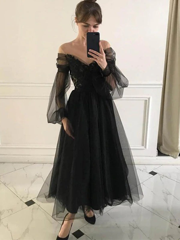 Elegant Black Off-shoulder Tulle Lace Top A-line Ankle-length Prom Dress, PD3219