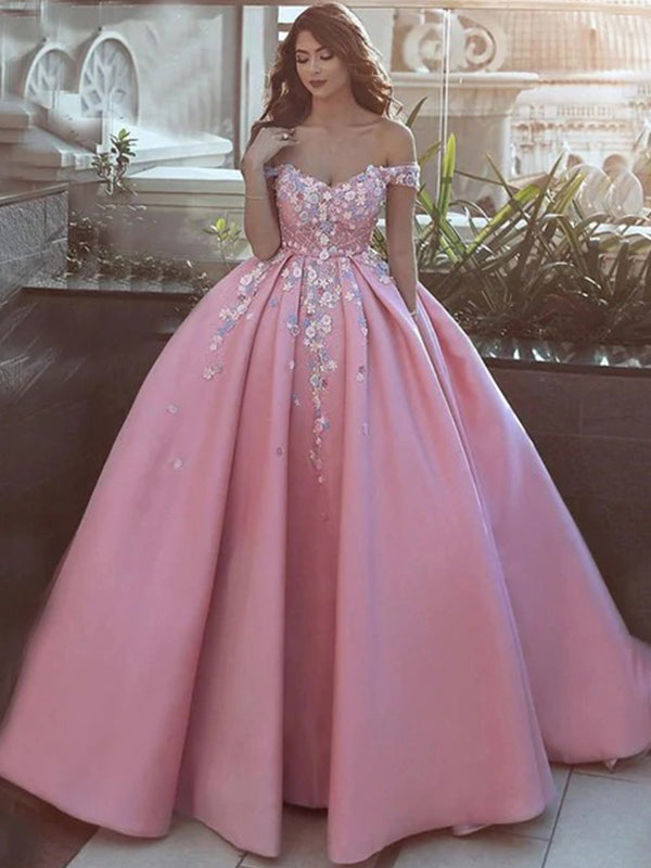 Pink Off-shoulder Lace Top A-line Long Prom Dress, PD3224
