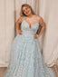 Spaghetti Straps Pale Blue V-neck Lace A-line Long Prom Dress Plus Size, PD3344