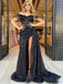 Sexy Sparkly Black Off-shoulder Sweetheart Side-slit A-line Long Prom Dress, PD3500