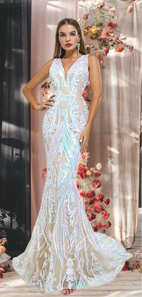 Silver V-neck Sexy Lace-up Back Mermaid Long Prom Dress, PD3577
