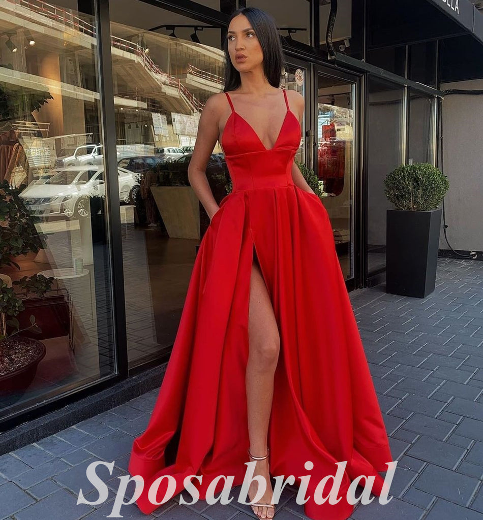 Sexy Red Satin Spaghetti Straps V-Neck Sleeveless Side Slit A-Line Long Prom Dresses,PD3687