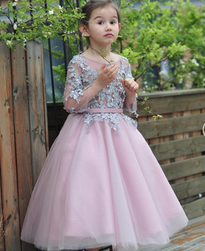 Long Sleeves Lace Appliques Scoop Hot Sale Flower Girl Dresses  , Junior Bridesmaid Dresses, FG106