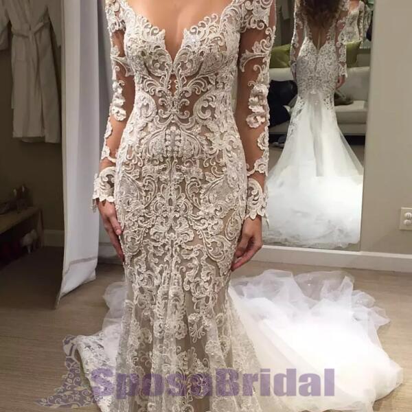 Luxury Long Sleeves Lace Elegant Mermaid Wedding Dresses, Bridal Dress, PD0603