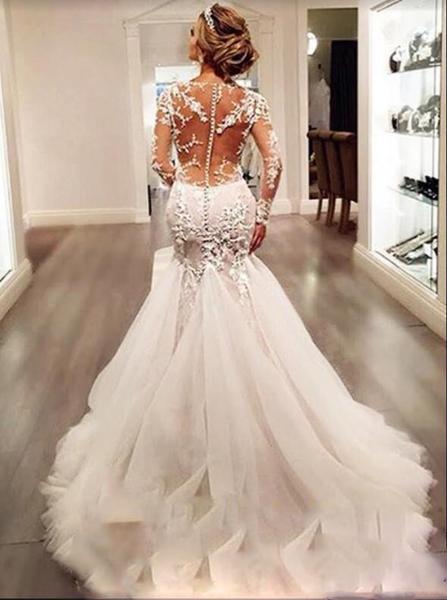 Luxury Illusion Lace Long Sleeve Sexy Mermaid Boho Long Wedding Dresses, WD0198