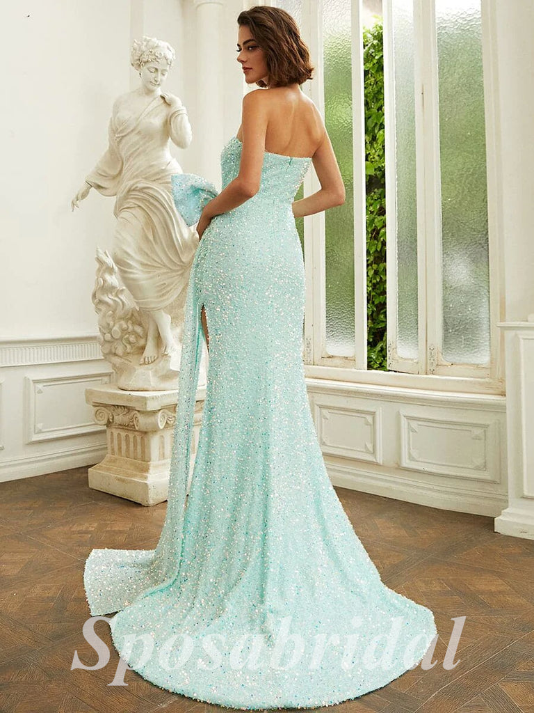 Sexy Sequin Sweetheart Sleeveless Side Slit Mermaid Long Prom Dresses With Dow Tie, PD3628