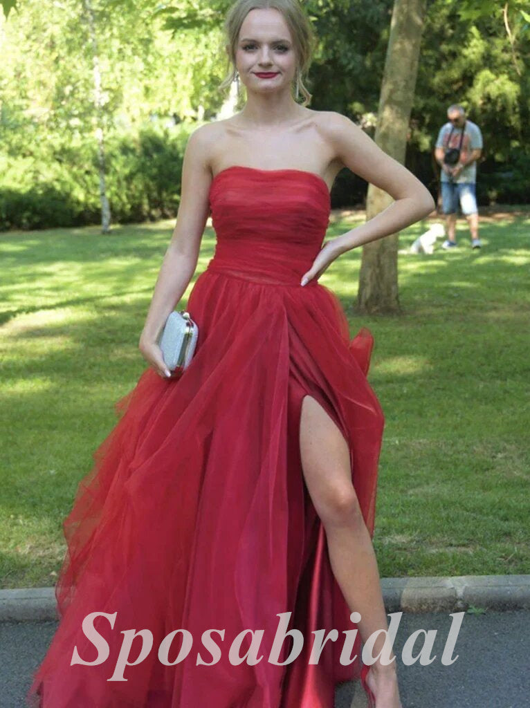 Sexy Tulle And Satin Sweetheart Sleeveless Side Slit A-Line Long Prom Dresses, PD3613