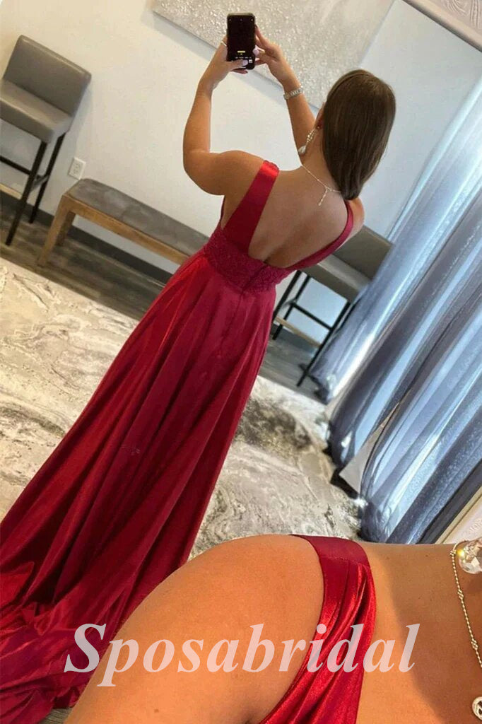 Sexy Satin And Lace Spaghetti Straps V-Neeck Sleeveless Side Slit A-Line Long Prom Dresses, PD3620