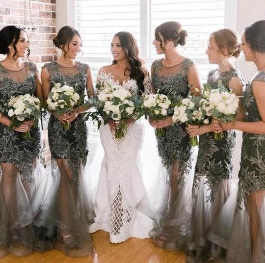 See Through Long Lace Applique Cheap Uniuque Formal Bridesmaid Dresses,WG373