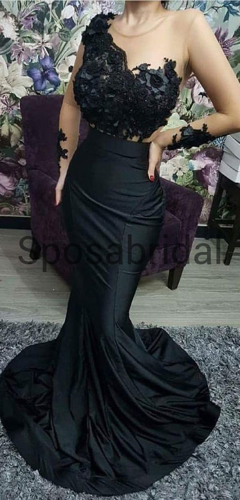 Sexy Elegant Mermaid Long Sleeves Black Unique Long Modest Prom Dresses PD1927