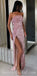 Sexy Strapless Rose Gold Sequins Side Slit Prom Dresses   Sleeveless Elegant Long Evening Dresses, PD1332