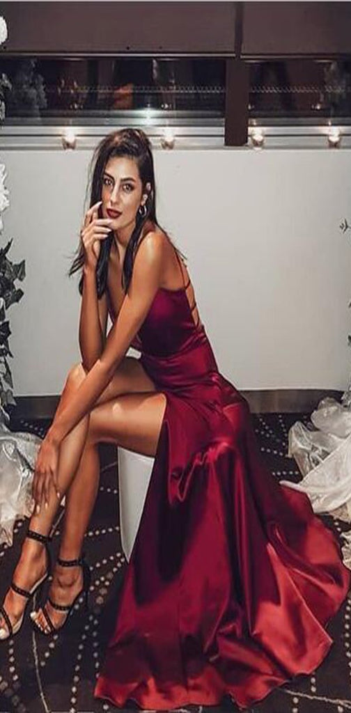 Simple Sexy Elegant Straps V Neck Mermaid Burgundy Prom Dresses,Long Evening Dress with Criss Cross Back, PD0979