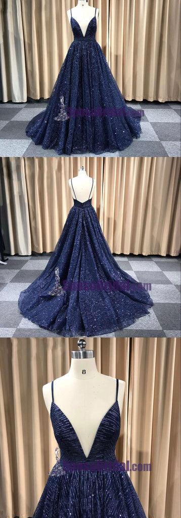 Spaghetti Straps Free Custom Made Sexy Glitter Deep-V Neck Prom Dresses, Elegant A Line Backless Cheap Long  Prom Dress, PD0741