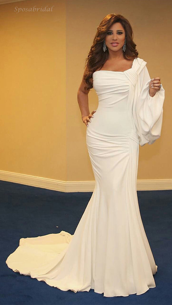 Stylish One-Shoulder Ruffles Mermaid Off White Fashion Evening Prom Dresses PD2333