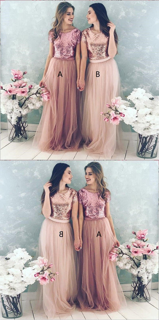 Top Blush Sequin Lovely Hot Sale Two Piece Tulle Round Neck Long Modest Cheap Bridesmaid Dresses, WG277