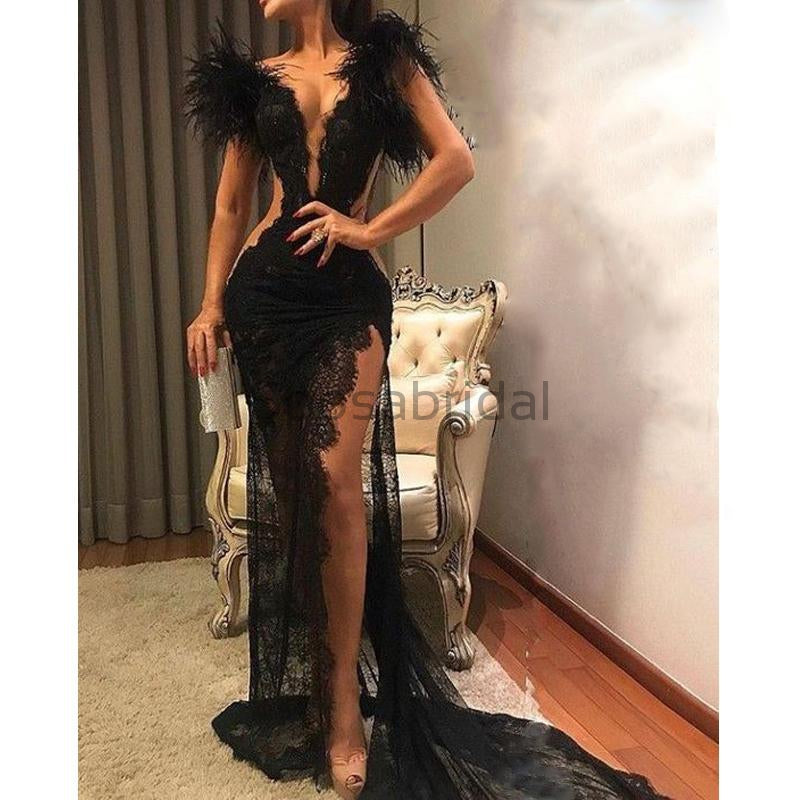 Unique Design Lace Black Side Slit Sexy Elegant Mermaid Long Prom Dresses PD1458