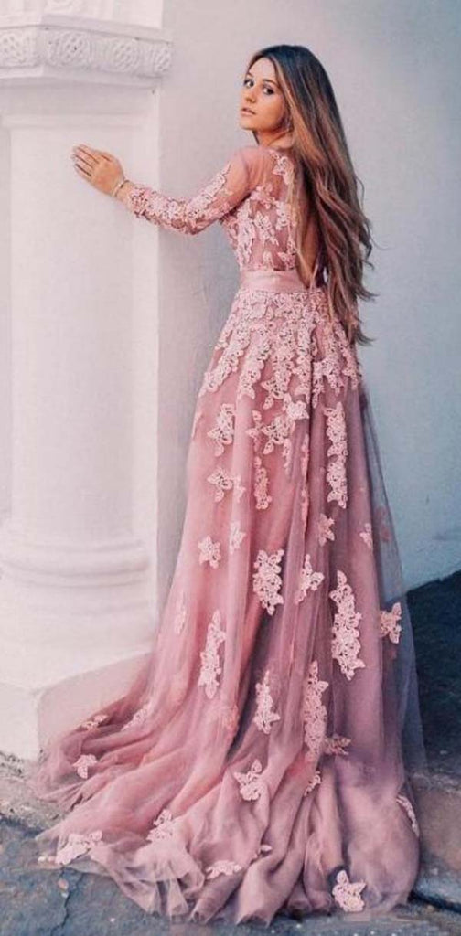 Unique New  Round Neck Formal Modest Long Sleeves A-line Prom Dresses With Lace Appliques,PD1346